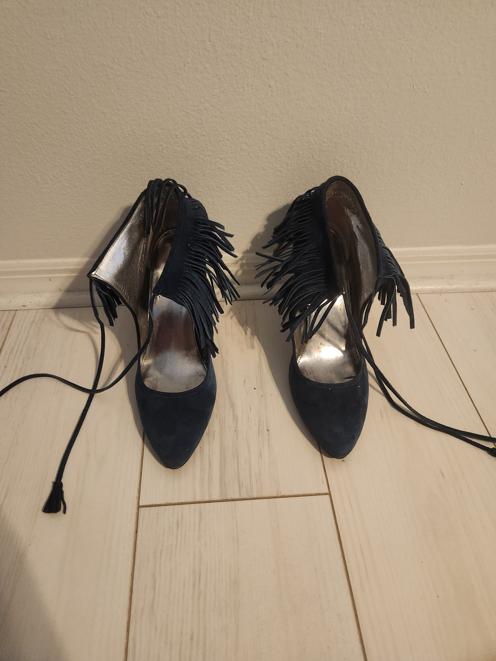 Calvin Klein Navy Fringe Lace-Up Pointed Heels